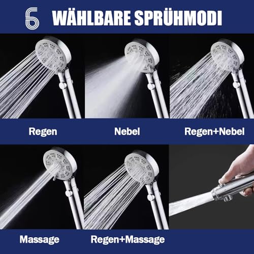 Duschkopf mit Schlauch 1,5m, Duschkopf Wassersparender, Sparduschkopf, 5 Strahlarten Wassersparender Handbrause Mit Stoppfunktion, Duschbrause mit Antikalk-Funktion, Chrom