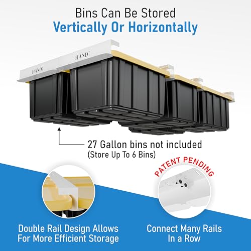 Image of USA Based Overhead Garage Storage Rack, Connectable Heavy Duty Metal Ceiling Rails Garage Storage Organization Shelving System, Hanging Racks Tote Containers, Supports Up To 6 Bins, 4 Sets White