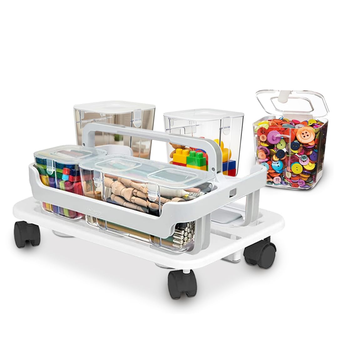 Deflecto Stackable Caddy Organiser and Wheelbase Bundle, 4 x Caddy Organisers, 1 x Wheelbase, Stackable Craft Storage