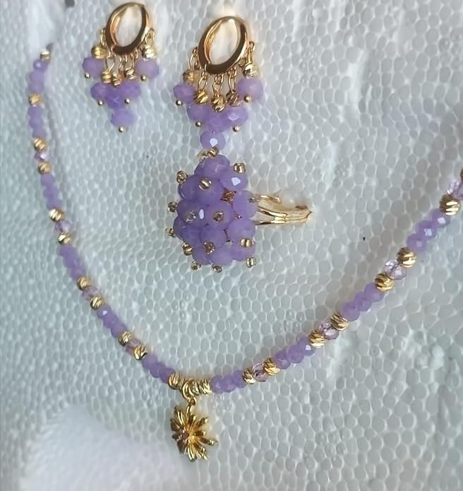 Set Gioielli con Perline Lilla e Oro, 4 Pezzi