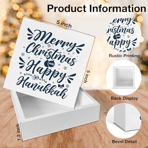 Image of Hanukkah Decor, Happy Hanukkah and Merry Christmas Wood Box Sign, Jewish Gift Ideas for Women, Jewish Christmas Home Office Decorations for Desk Table Shelf 5 X 5 Inches