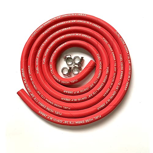 Image of 10FT Fuel Line Hose 10mm 3 /8 inch inch,6AN High Pressure Hose,2.8Mpa 400PSI for Fuel Systems Engines Tube Hose Multiple Size Options,Implementation Standards:EN854,Red (Attached Hose Clamp)