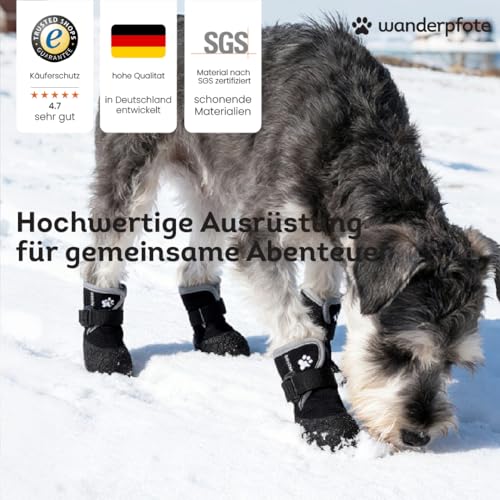Wanderpfote Hundeschuhe 4er Set wasserdicht – Pfotenschutz Outdoor mit Rutschfester Sohle, weichem Fleece & Reflexstreifen – Ideal für Winter, Schnee, Spaziergänge & sicheres Laufen (Schwarz, 1)