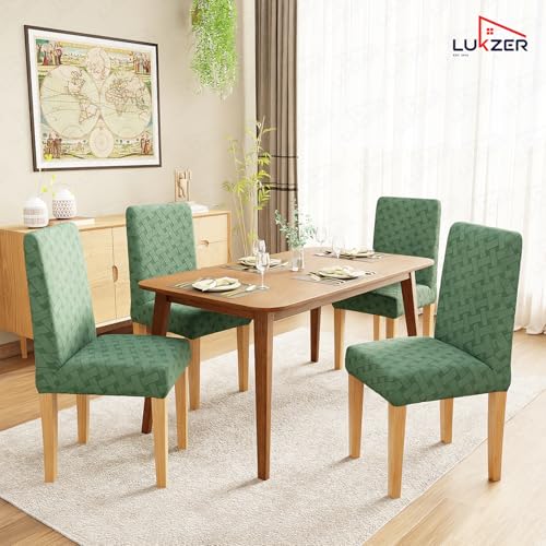 Image of Lukzer Elastic Dining Chair Cover - 4PC Pastel Green Basket Weave | Textured High Stretch Jacquard Seat Cover | Removable Washable Short Dining Chair Cover Protector Seat Slipcover | (CC-114-04)