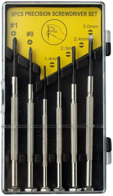 6pc precision screwdriver set, includes 2 cross sizes (#0,#1); 4 flat head sizes(1.4 mm, 2.0 mm, 2.4 mm, 3.0 mm)