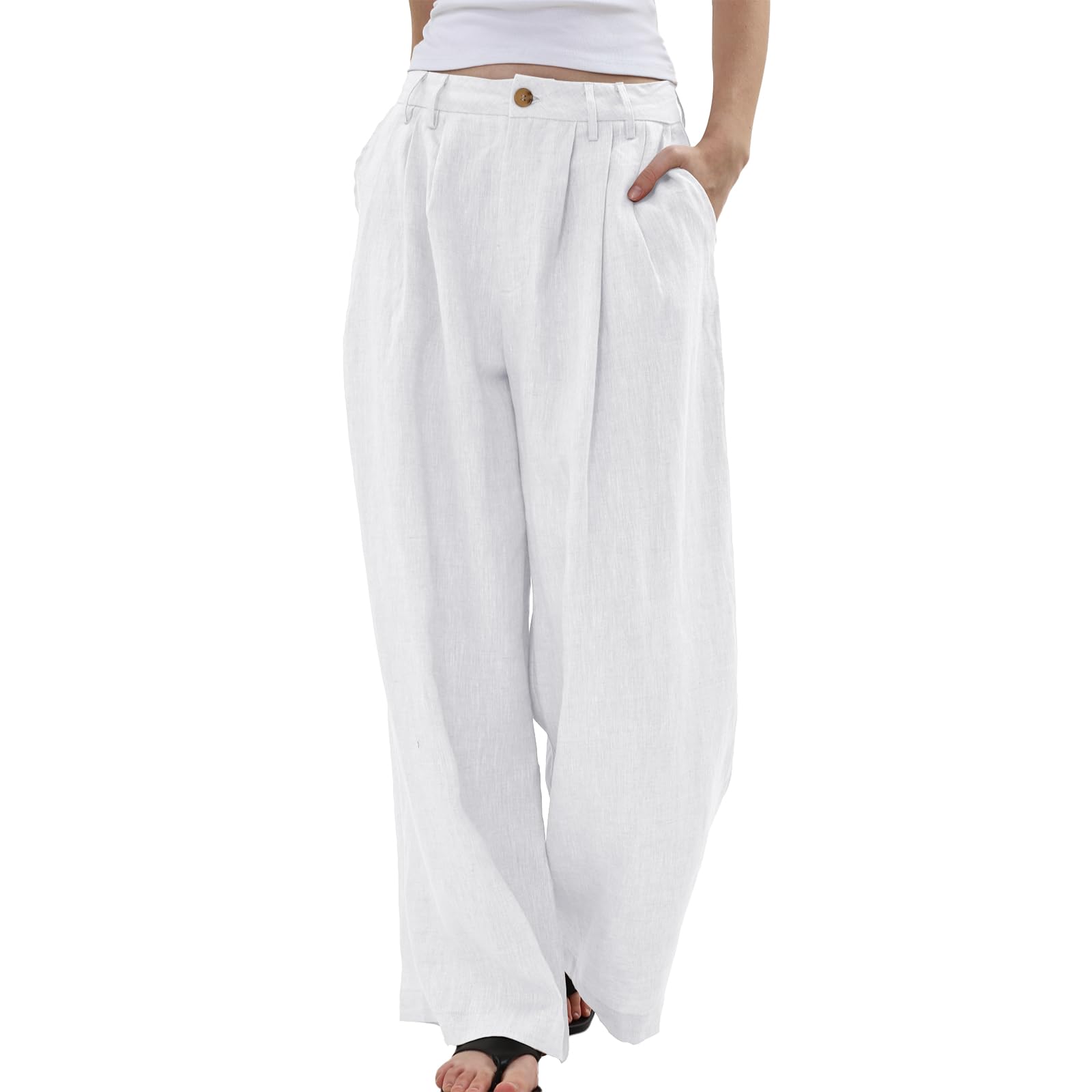 Amazhiyu Pantaloni da donna in puro lino, casual, a gamba larga, con tasche, vestibilità larga, pantaloni formali da lavoro