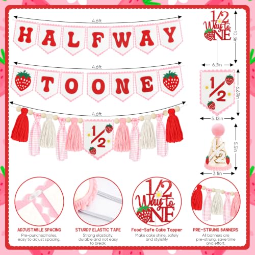 Image of 1 /2 Birthday Girl Decorations, Pink Strawberry Half Way to One Banner Set | Felt banner;wooden cake topper;1 /2 hat;baby girl 6 month party