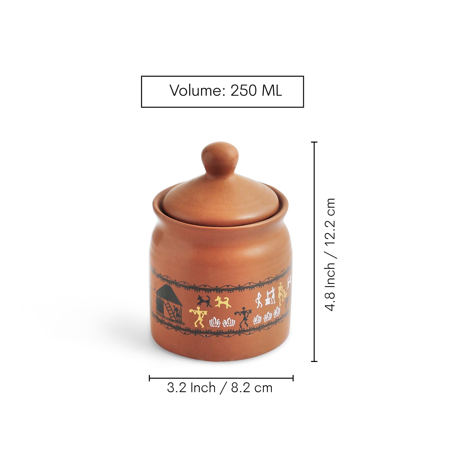 ExclusiveLane Warli Village Tales Lot de 2 bocaux à cornichons en céramique fabriqués à la main avec couvercle pour table de salle à manger, 250 ml, non hermétiques, passent au micro-ondes