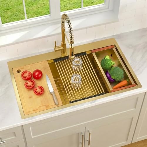 Image of 33 inch X 22 inch Drop In Gold Kitchen Sink,Single Bowl Top Mount Kitchen Sink,16 Gauge Stainless Steel Workstation Sinks (Gold, 33 X 22 inch)