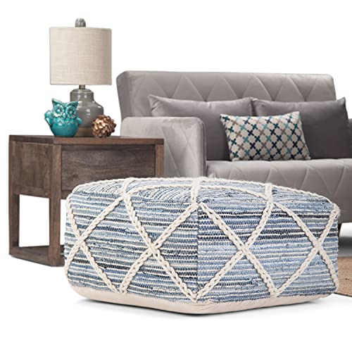 SIMPLIHOME Cowan Square Pouf, Footstool, Upholstered in Blue, Natural Handloom Woven Wool and Cotton, for the Living Room, Bedroom and Kids Room, Contemporary, Modern