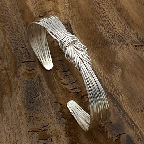 Handmade Sterling Silver Knot Cuff Bracelet, Tied White Silver Strings Minimalist Adjustable Cuff, Gift for Her4
