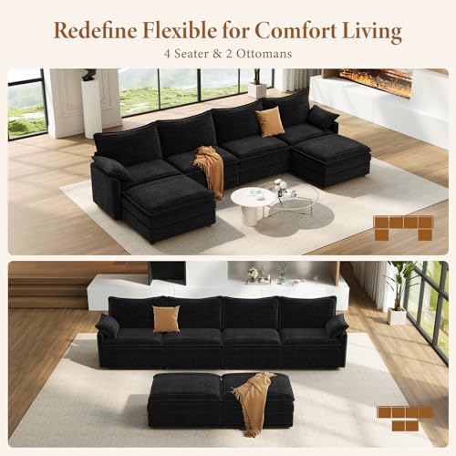Image of Vesgantti 142 inch U Shaped Sectional Modular Couch, Comfy Cloud Sofa, Black | Deep Seat Cloud Sectional Sofa with 2 Ottomans, Modern Corduroy Couches for Living Room, Office, Apartment