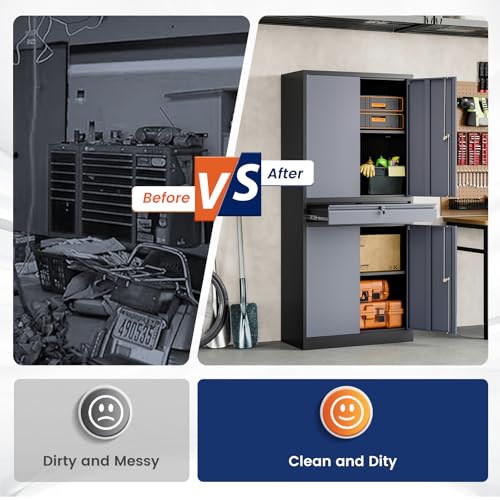 Image of Yizosh Metal Garage Storage Cabinet with Locking Doors and Adjustable Shelves, 71 inch Steel Tool Storage Cabinet with 1 Drawer for Garage,Office,Warehouse (Gray Black)