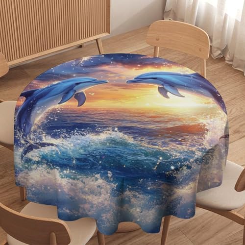 asbwuo Mantel Redondo con Paisaje Marino y Lunar, Lavable, con diseño de Delfines y Galaxias, Ideal para Cocina, Comedor, Exteriores y decoración navideña. 70 Pulgadas.