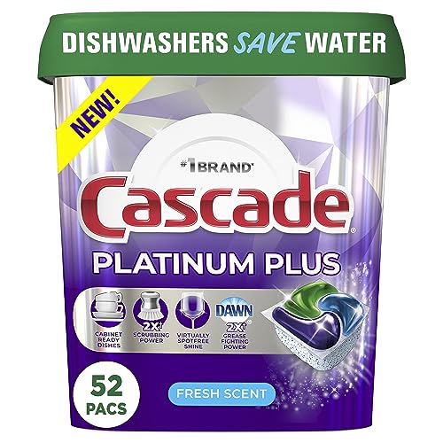 Cascade Platinum Plus Dishwasher Pod, Dishwasher Detergent, Dishwasher Pods, Dish Detergent ActionPacs Dish Pods, Fresh, 52 Count Dishwashing Pods