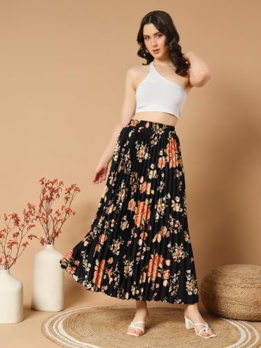 Image of KZULLY | Floral Printed Maxi Skirt | Comfortable Elastic Waist | Stylish Morden and Comfortable Looking | Fashionable and Modern Look Perfect for Any Event| Polyester, Crepe| for Women