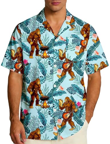 EoBeKee Bigfoot Hawaiian Shirts for Men Short Sleeve Funny Printed Casual Button Down Shirts Summer Holiday Vacation Beach Shirt Tops for Holiday Party
