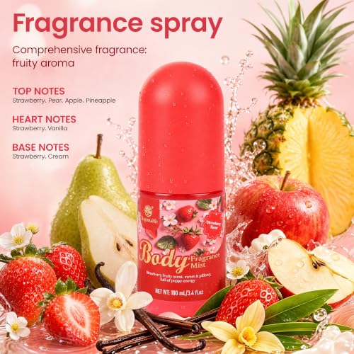 Image of Strawberry Scented Body Mist for Women, Gentle Fruity Fragrance Spray, Paraben Free, Phthalate Free, Vegan & Cruelty Free, Non-Greasy Quick-Dry Body Fragrance, 3.38 fl oz