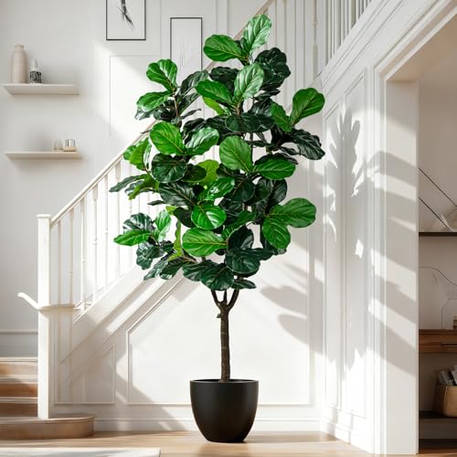 Image of Erimda Artificial Fiddle Leaf Fig Tree 7ft with White Planter Realistic Fiddle Leaf Lyrata Plant Tall Fake Tree with Natural-Looking Leaves Fake Tree for Indoor Outdoor Home Office Decor