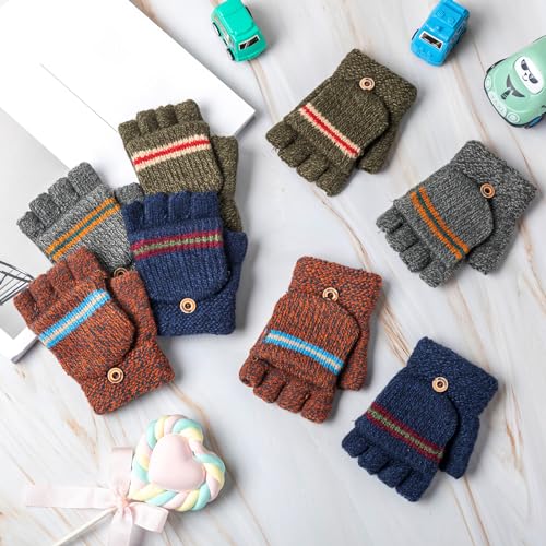 Image of Yahenda 4 Pairs Kids Mittens Fingerless Gloves Winter Knitted Convertible Mittens for Toddler Boy Girl Aged 5-10