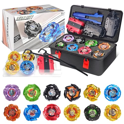 DEZAWRTY Set de Batalla X – 12 Peonzas Giratorias, 3 Lanzadores y 1 Empuñadura con Caja de Almacenaje, Juguete Cumpleaños para Niños 6+ Años (X1)