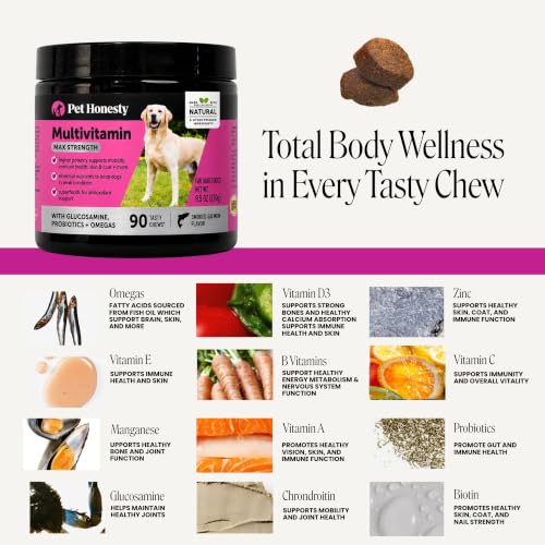 Image of Pet Honesty Vet Recommended Max Strength Dog Multivitamin, 90 Ct, Salmon | 15-in-1 Dog vitamins with glucosamine, probiotics & omega-3, salmon, supports hip & joint stiffness, digestion & heart health
