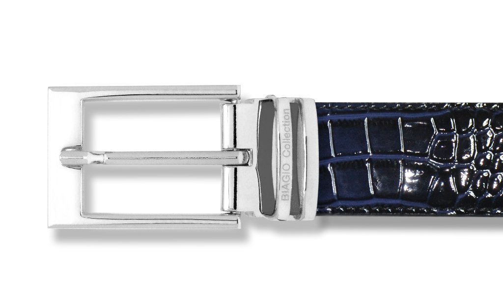 Biagio Croc Embossed NAVY BLUE Mens Bonded Leather Belt Silver-Tone Buckle sz 46