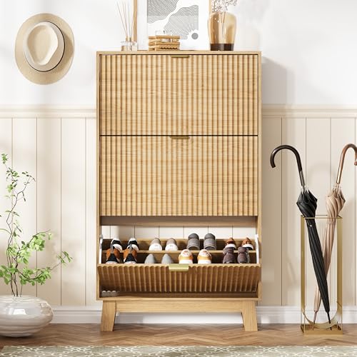 Image of HUANLEGO Shoe Cabinet Storage for Entryway with 3 Flip Drawers, Fluted Narrow Shoe Organizer with Wooden Legs, Freestanding Slim Shoe Storage Hidden Shoe Rack Organizer for Front Door Entrance, Oak