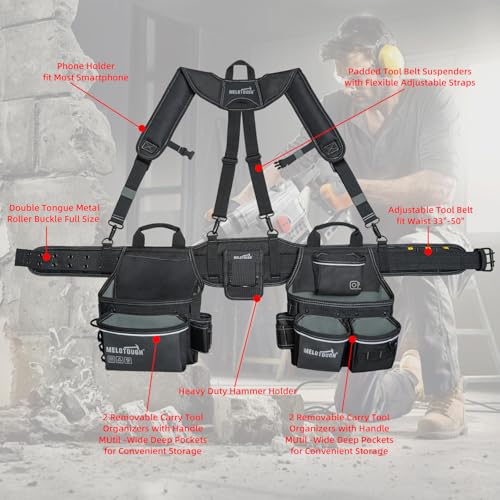 Image of MELOTOUGH Professional Tool Belt with Suspenders Carpenter Tool Belt Combo Organizer Tools Pouch Suspenders with 32 Pockets and Loops fits 34 inch-48 inchWaist