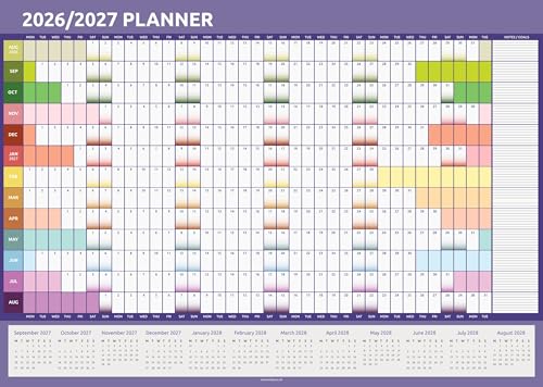 Akademischer Wandplaner 2026 2027, A3, Jahresübersicht, UK-Kalender, 42 cm x 29 cm, Schullehrer, Studenten, Jahresdiagramm (Regenbogen)