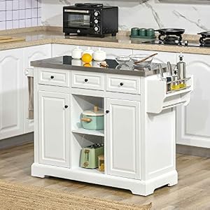 HOMCOM Rolling Kitchen Island with Storage Kitchen Cart with Stainless Steel Top Spice Rack Drawers White