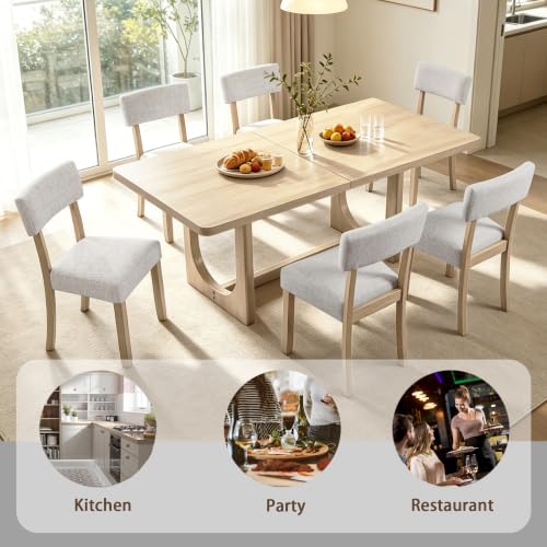 Image of KEIKI 7-Piece Standard Height Dining Table Set with Rectangular Table, 6 Upholstered Curved Backrset Chair, for 6 Person, Modern Style Table Set, Easy Assembly, for Kitchen, Dining Room, Light Oak