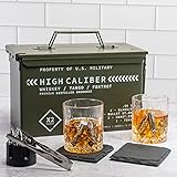 Whiskey Glasses And Steel Stones Set In Unique Tactical Box Display | Ideal Groomsmen Gifts Whiskey Gifts For Men | Bourbon Whiskey Cocktail Glasses, Slate Coasters and Tongs