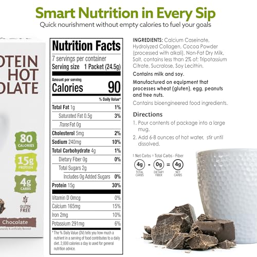 Image of BariWise Protein Hot Chocolate Drink with Casein Protein - 7 ct (Chocolate) | 15g Protein, 90 Calories, Low Sugar, 4g Net Carb, Gluten-Free, Keto-Friendly - Hot Chocolate Drink Mix, Bariatric Must-Haves