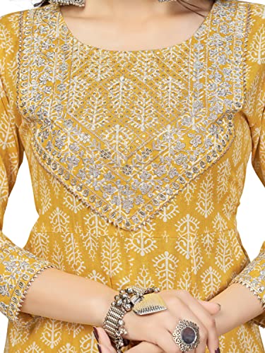Image of Vbuyz Women's Cotton Print & Sequience A-Line Stitched Kurta Pant with Dupatta (VF-KU-1721-SKD-40 Yellow Large)