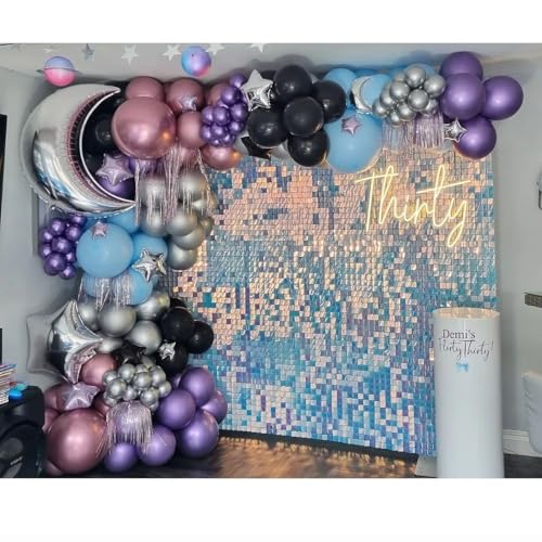 Image of Shimmer Wall Backdrop Blue Iridescent Square Sequin Wall Panel Backdrop Decor for Wedding, Anniversary, Birthday, Party, 24 Panels