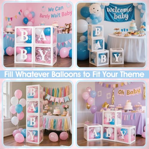 Image of Ledido Baby Boxes with Letters for Baby Shower Decorations with 38 Balloons, 4 pcs Clear Balloon Boxes Blocks for Boys Girls Gender Reveal Decorations Birthday Backdrop Party (White)