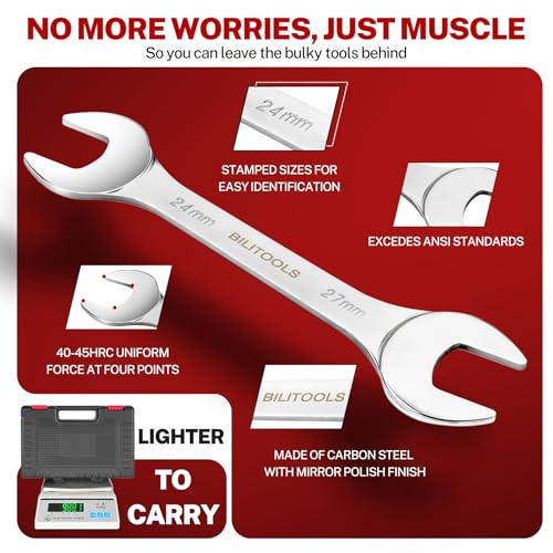 Image of BILITOOLS Super-Thin Wrench Set, 9 Piece Metric Open End Wrench Set | Including 5.5, 7, 8, 9, 10, 11, 12, 13, 14, 15, 16, 17, 19, 21, 22, 23, 24, 27 mm, Ultra-Slim Flat Spanner Set, Storage Box