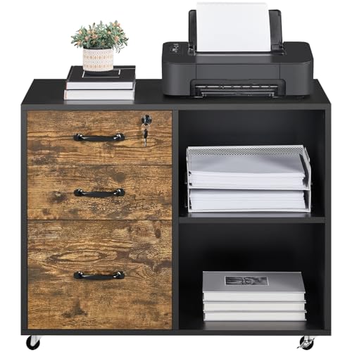Yaheetech Cajonera Escritorio con Ruedas Mueble Archivador para Carpetas Cajonera Oficina para Impresora con 3 Cajones y 2 estantes Abiertos para Tamaño A4 y Carta 80x40x65,5 cm