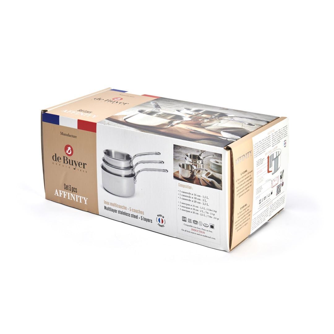 De Buyer - Lot de 3 casseroles en inox 5 couches AFFINITY - Diamètre 16, 18 et 20 cm - 3706.01 | Fabriquées en France, Montée Rapide en Température, Inox 18/10, Tous Feux + Four, Finition Poli Brillant