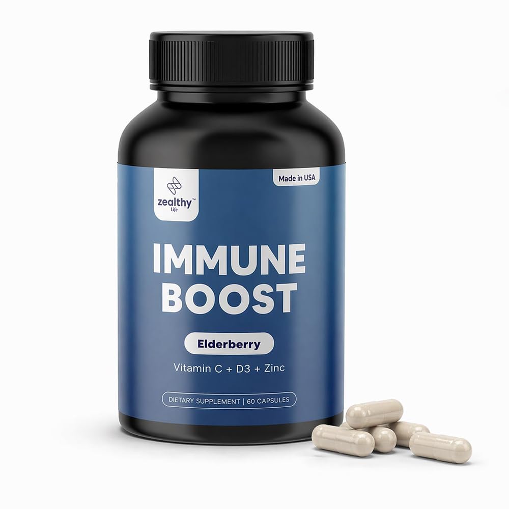 Immune Support Capsules for Adults with Elderberry, Vitamin C, Vitamin D3 & Zinc – Daily Immune Defense Supplement | Zealthy Life | 60 Capsules