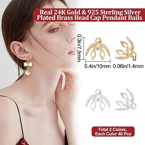 Beebeecraft 80Pcs 2 Colors Flower Bead Caps 24K Gold & 925 Sterling Silver Plated Filigree Bell Bead Cap Bails End Charm for Bracelet Necklace DIY Jewellery Making Crafts Supplies - Image 2