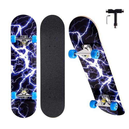 Patineta para principiantes, monopatín completo estándar de 31 pulgadas, cubierta cóncava de doble patada con madera de arce de 7 capas, ruedas y rodamientos lisos