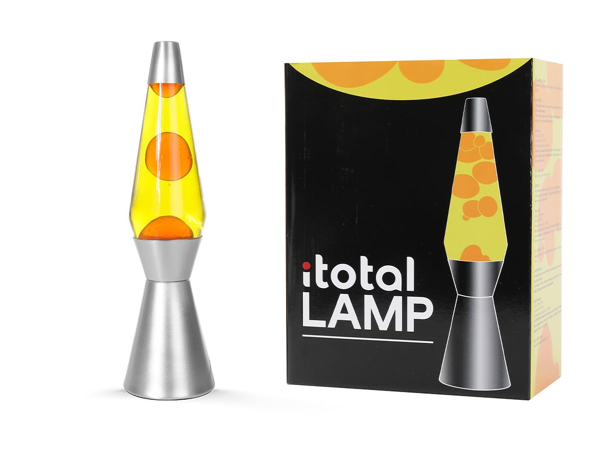 I-TOTAL® - Lampada Lava Spaceship Colorata Effetto Bolle Ipnotico, Design Retrò, Cera Fluida, Luce Rilassante, Lampada Decorativa per Casa e Ufficio (Base Argentata Liquido Giallo Cera Arancione)