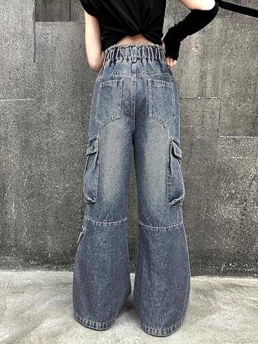 Image of Rolanko Girls Cargo Pants Baggy Y2K Cargo Trousers Jeans Wide Leg Pants with Multi Pockets 4-15 Years