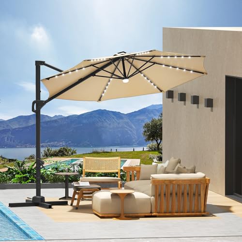 Garvee 10Ft Cantilever Patio Umbrella with 360° Rotation, Adjustable Tilt, Heavy-Duty 600D Oxford Fabric, Rust-Proof Aluminum Frame, Fits Most Stands, Without Base Weight