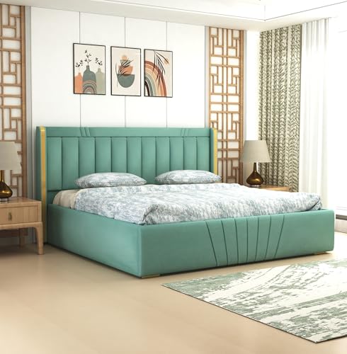 MODESTY WOODS Oasis Upholstered Queen Size Bed with Box Storage for Bedroom | Elegant Wooden Double Bed with Storage | Platform Cot Palang with Upholstery Headboard | 6.5 x 5 Ft | Sheesham Wood, Green