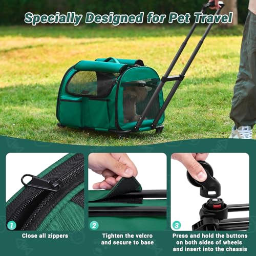 Large-Cat-Carrier-with-Wheels-Foldable-Rolling-Pet-Dog-Carrier-with-Wheels-and-Big-Pocket-Cat-Carrier-Travel-Bag-for-2-Cats-Dogs-Under-30-lbs-for-Outdoor-Vet-Visits-Blackish-Green Large Cat Carrier with Wheels Foldable Rolling Pet Dog Carrier with Wheels and Big Pocket Cat Carrier Travel Bag for 2 Cats Dogs Under 30 lbs for Outdoor Vet Visits Blackish Green