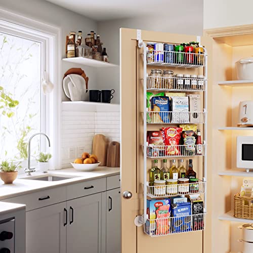 Delamu Larger Over The Door Pantry Organizer, D6.7W17.5H53.7Inch Metal Over The Door Organizer, 6-Tier Pantry Door Organizer Spice Rack For Easy Install, 60 Lbs Load Over The Door Storage, White #TOP2