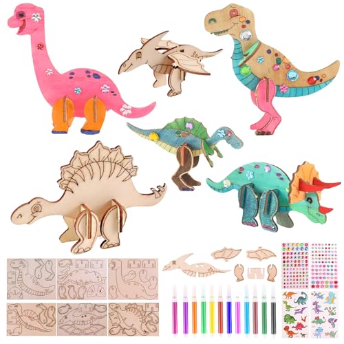 34 Pieces Crafts Children's Wooden Children's Birthday Activity Wooden Craft Sets Wooden Animals Craft Sets Craft Ideas from 3 Years Craft Utensils Dino Boys 3D Dinosaur with Watercolour Pencil and